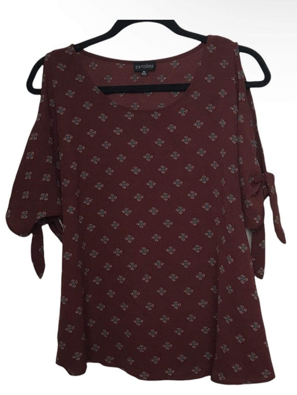 Zenobia Burgundy Floral Print Cold Shoulder Blouse